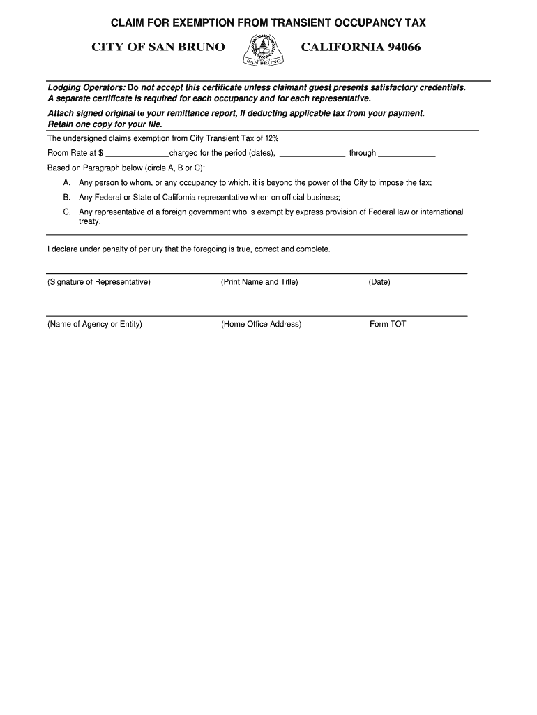 Exemption Form City of San Bruno State of California Sanbruno Ca