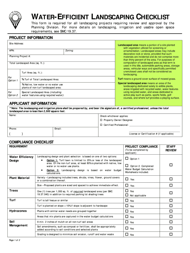 Get and Sign WATER EFFICIENT LANDSCAPING CHECKLIST  City of Sunnyvale  Sunnyvale Ca 2010-2022 Form