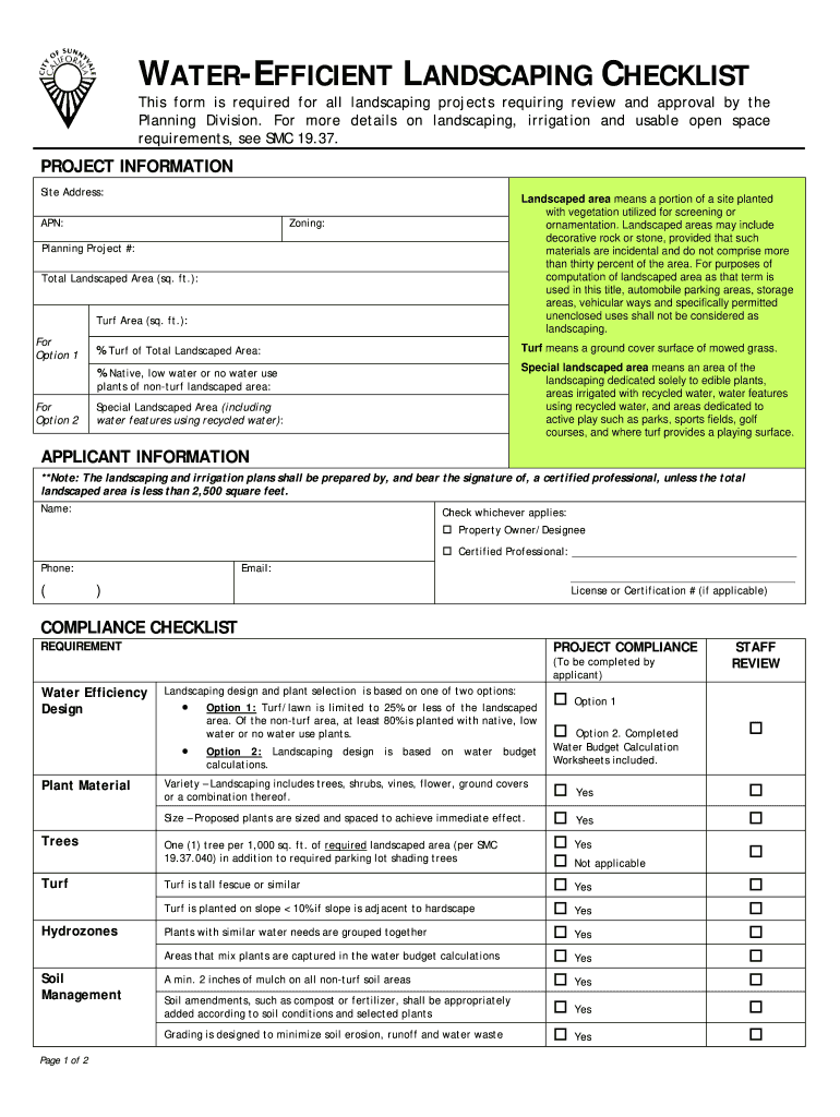  WATER EFFICIENT LANDSCAPING CHECKLIST  City of Sunnyvale  Sunnyvale Ca 2010-2024