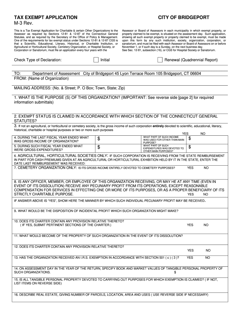 Quadrennial Exempt Status Form M 3  City of Bridgeport, CT  Bridgeportct