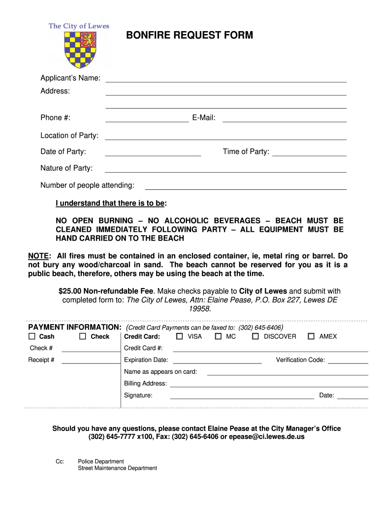 Bonfire Permit Form City of Lewes