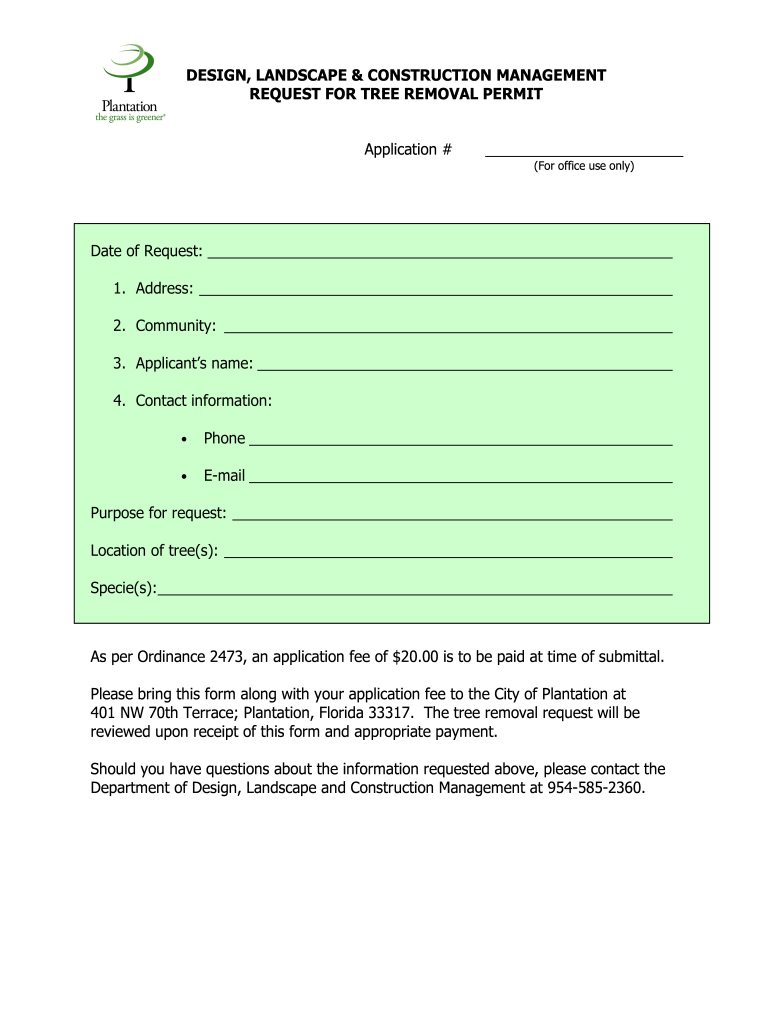 City of Plantation Tree Removal Permit  Form