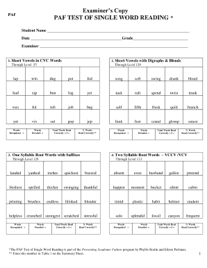 Paf Test of Single Word Reading  Form