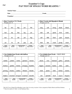 Paf Test of Single Word Reading Form