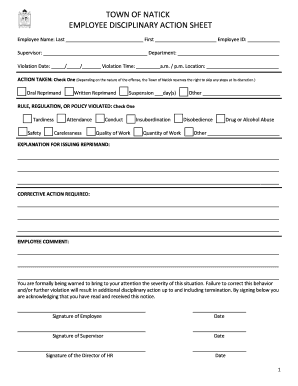 TOWN of NATICK EMPLOYEE DISCIPLINARY ACTION SHEET Natickma  Form