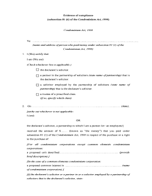 Evidence of Compliance Subsection 81 6 of the Condominium Act  Form