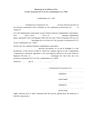 Discharge of Certificate of Lien under Subsection 85 7 of the Condominium Act  Form