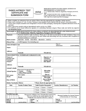 RABIES ANTIBODY TEST BIOCHEMISTRY Amp TOXICOLOGY CERTIFICATE Riasbt or  Form