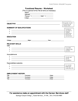 Resume Worksheet Printable  Form
