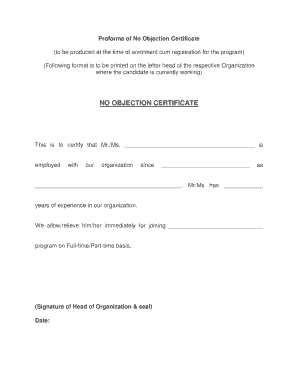 No Objection Certificate for Student  Form
