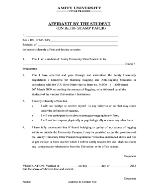 Amity University Affidavit by the Student  Form