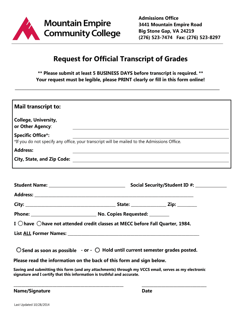 Get and Sign Transcript Request Form  Mountain Empire Community College 2014-2022