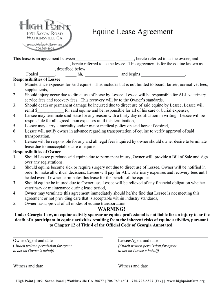 Equine Lease Agreement DOC  Form