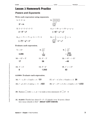 Lesson 2 Homework Practice Powers and Exponents  Form