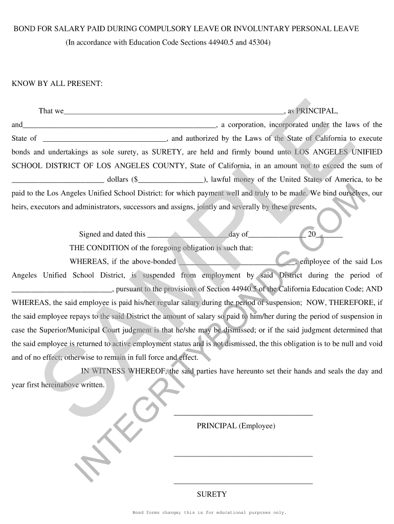 BOND for SALARY PAID during COMPULSORY LEAVE or INVOLUNTARY PERSONAL LEAVE  Form