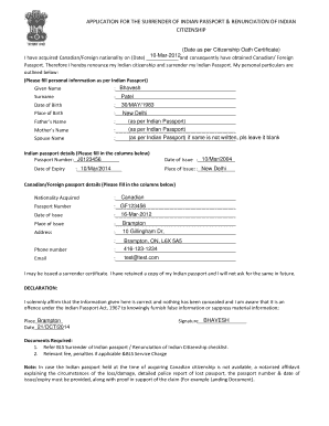 Indian Passport Surrender Certificate Sample  Form