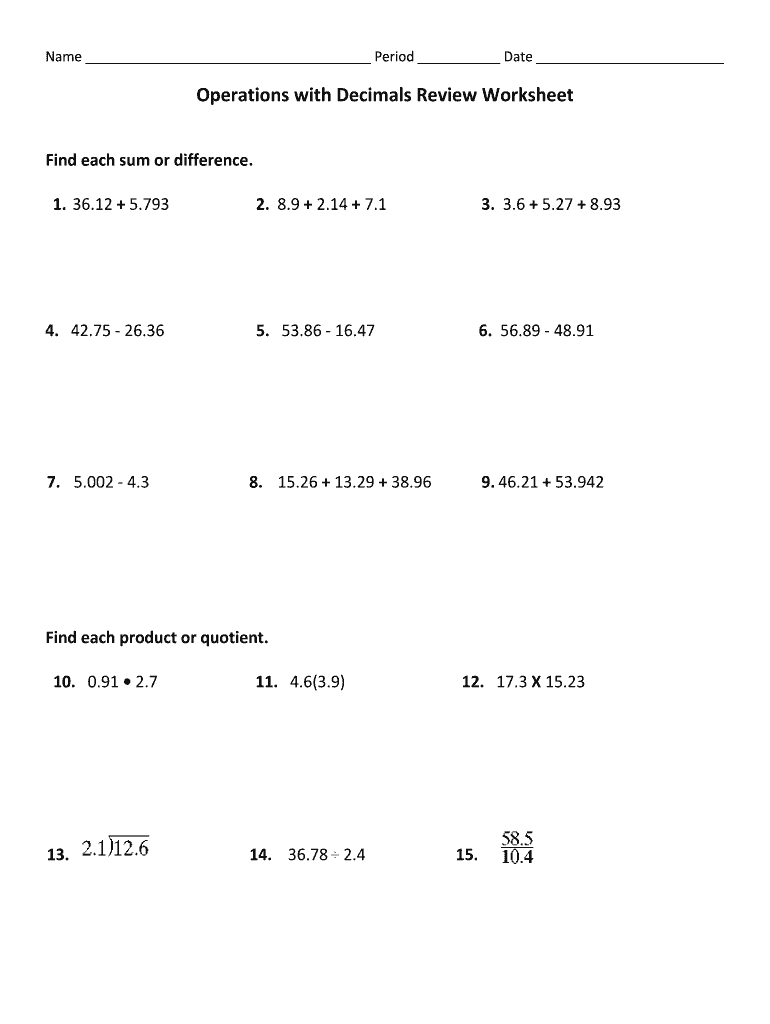 Decimals Review Worksheet  Form