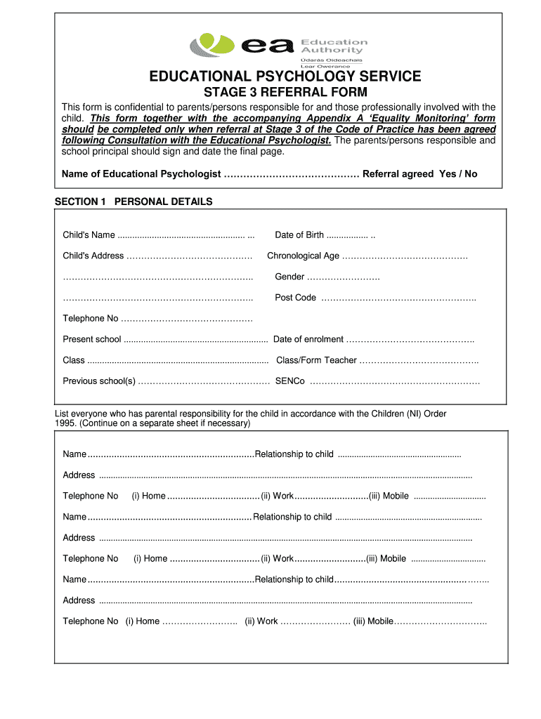 EDUCATIONAL PSYCHOLOGY SERVICE STAGE 3 REFERRAL FORM WELB