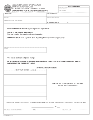  ORDER FORM for WAREHOUSE RECEIPTS 2014-2024