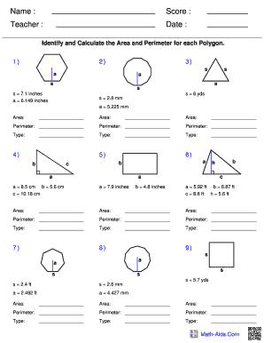 Identify and Calculate the Area and Perimeter for Each Polygon Worksheet Answers  Form