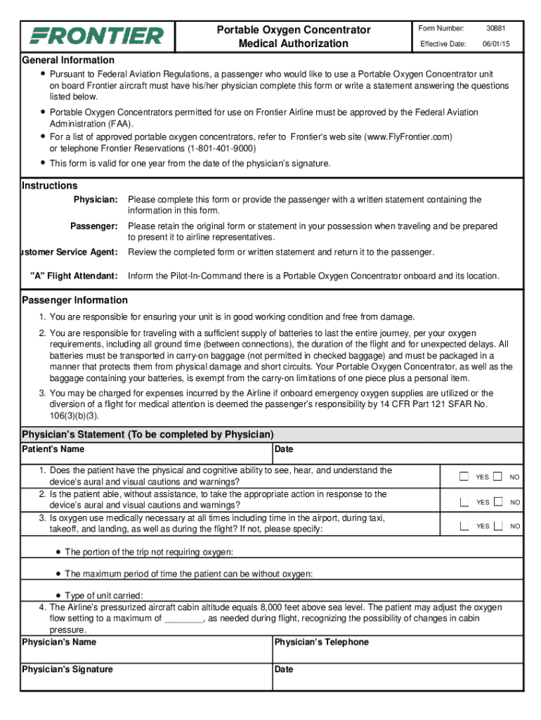  Portable Oxygen Concentrator 30881 Medical Authorization 2015-2024