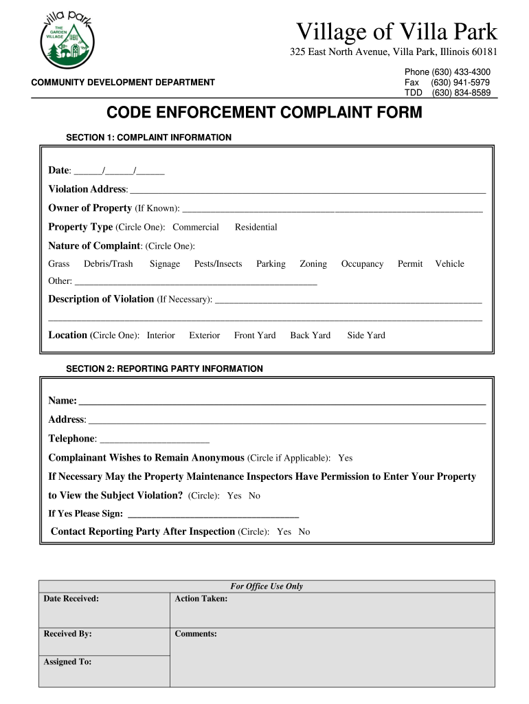 CODE ENFORCEMENT COMPLAINT FORM Villa Park Illinois