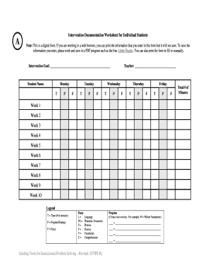 Intervention Documentation Worksheet  Form