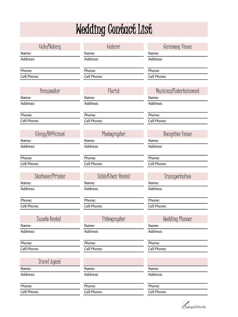 Wedding Vendor List Template  Form