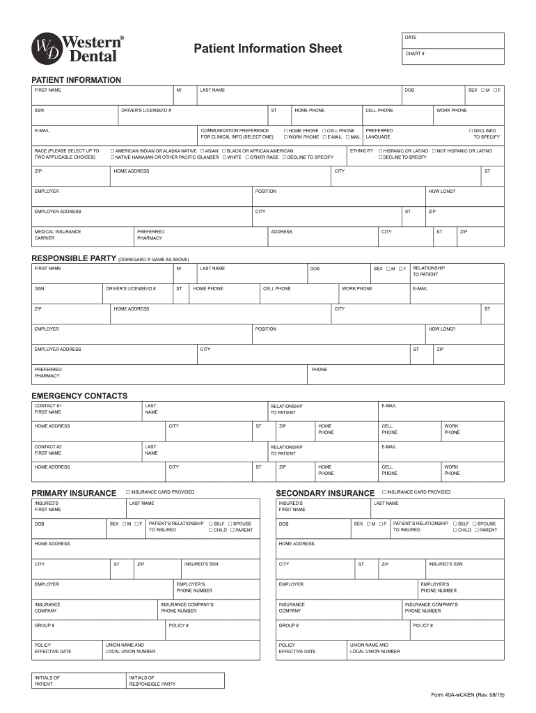 Patient Information Sheet Western Dental 2015