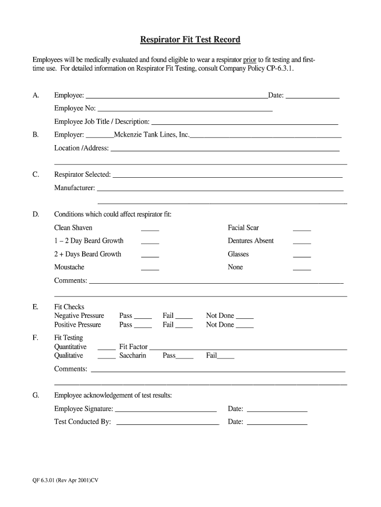 Respirator Fit Test Record McKenzie Tank Lines Inc  Form