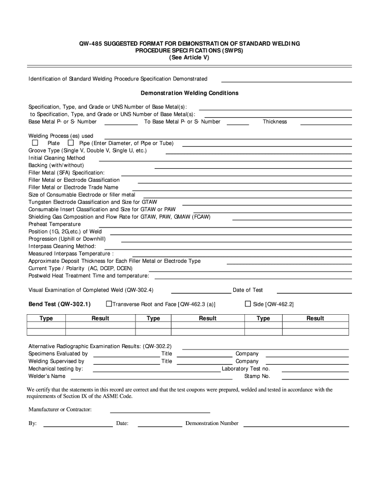 QW 485 SUGGESTED FORMAT for DEMONSTRATION of STANDARD WELDING