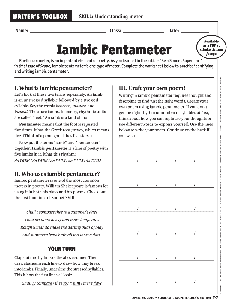 Iambic Pentameter Worksheet  Form