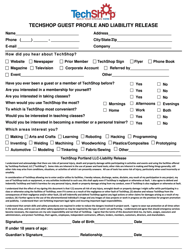 TechShop Guest Profile and Liability Release Portland  Ortop  Form