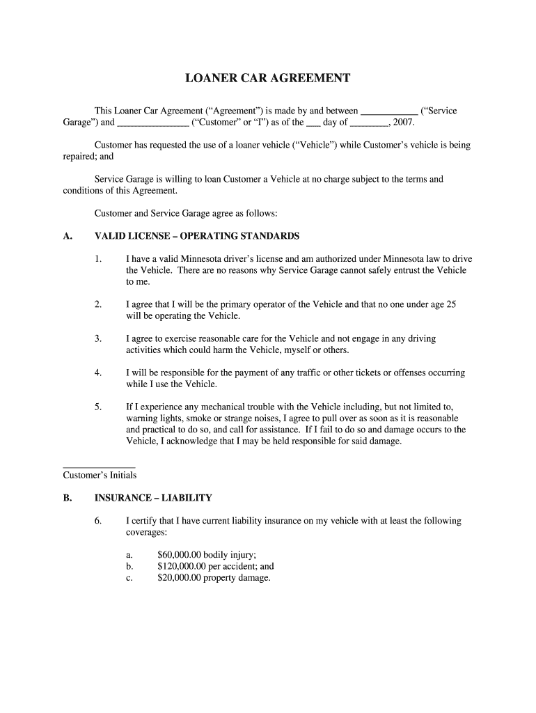 Loaner Car Agreement Template  Form