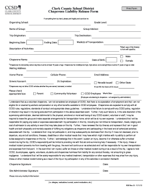 Clark County School District Chaperone Liability Release Form