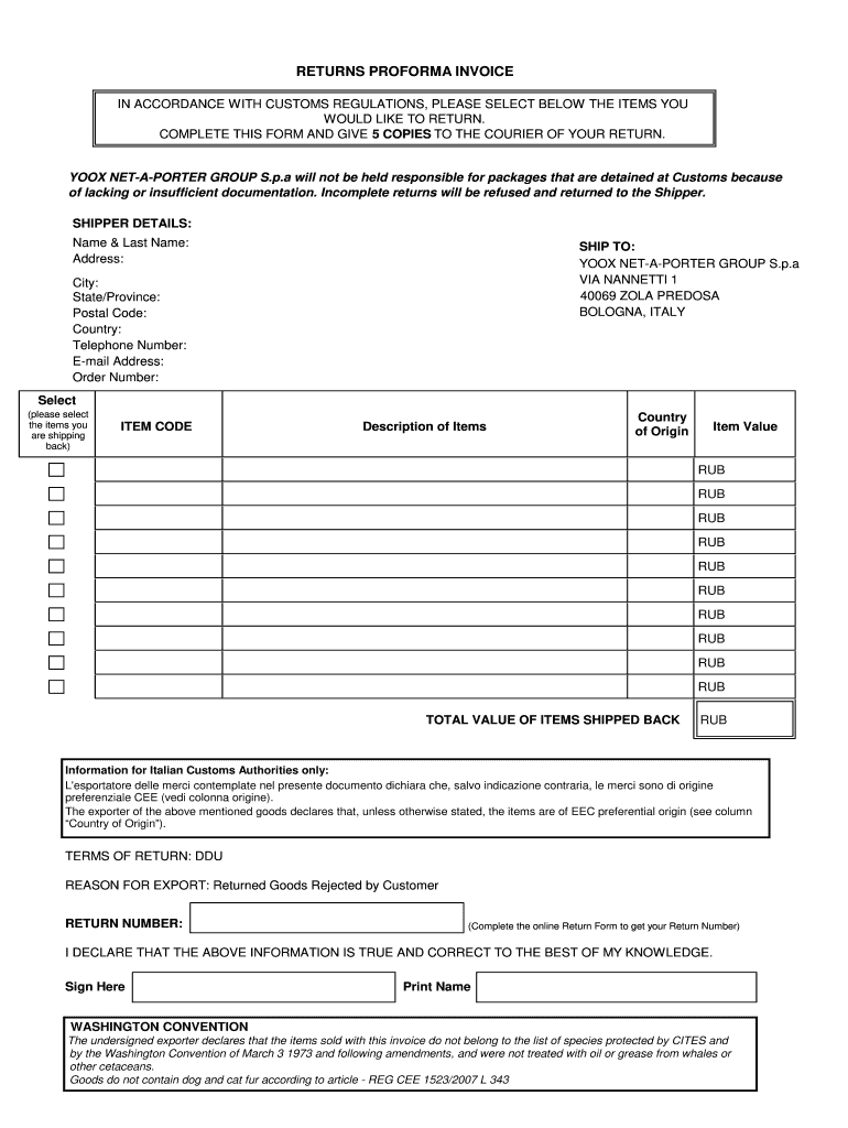 Returns Proforma Invoice Yoox