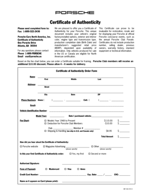 Porsche Certificate of Authenticity Online  Form