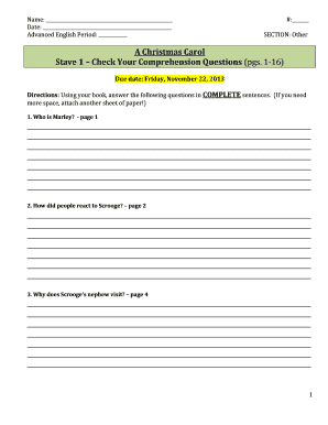 A Christmas Carol Comprehension Questions PDF  Form