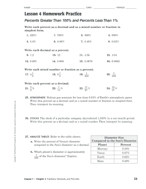 Percents Greater Than 100 and Less Than 1 Worksheets PDF  Form