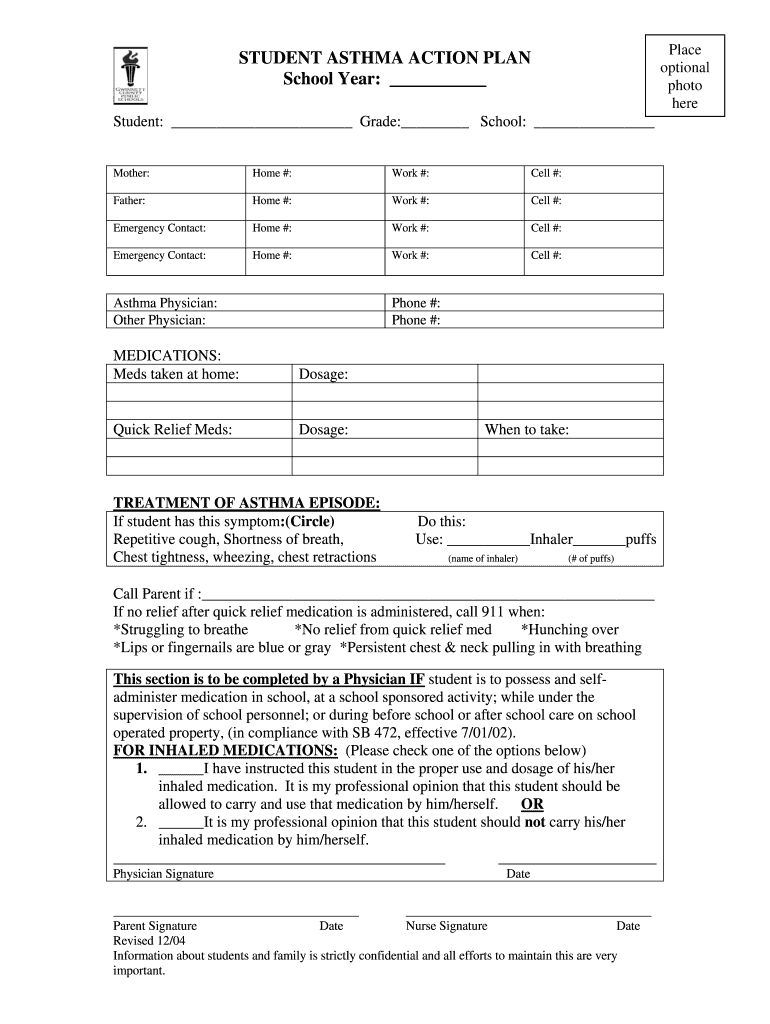  STUDENT ASTHMA ACTION PLAN Place Optional School Year Photo Daculamiddleschool 2004-2024