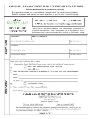 KAPPES MILLER MANAGEMENT RESALE CERTIFICATE REQUEST FORM