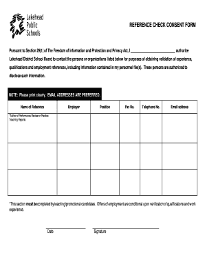 REFERENCE CHECK CONSENT FORM Lakehead Public Schools Lakeheadschools