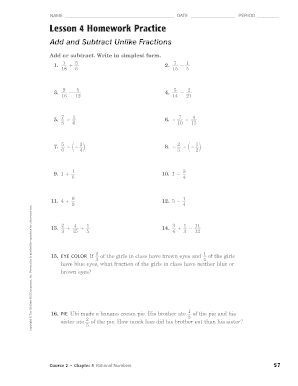Lesson 4 Homework Practice Add and Subtract Unlike Fractions  Form