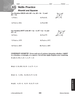 8 5 Skills Practice Rhombi and Squares Answer Key  Form