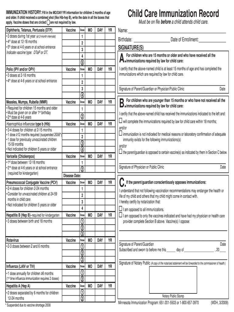  Minnesota Vaccination  Form 2009