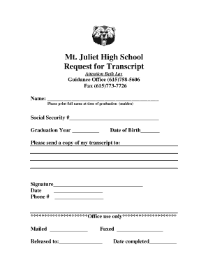 Mt Juliet High School Request for Transcript  Form