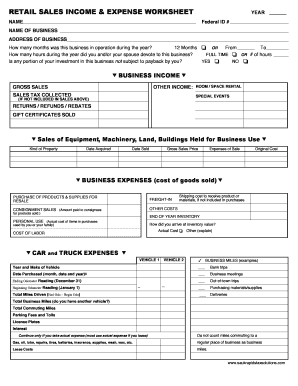 RETAIL SALES INCOME Amp EXPENSE WORKSHEET YEAR  Form