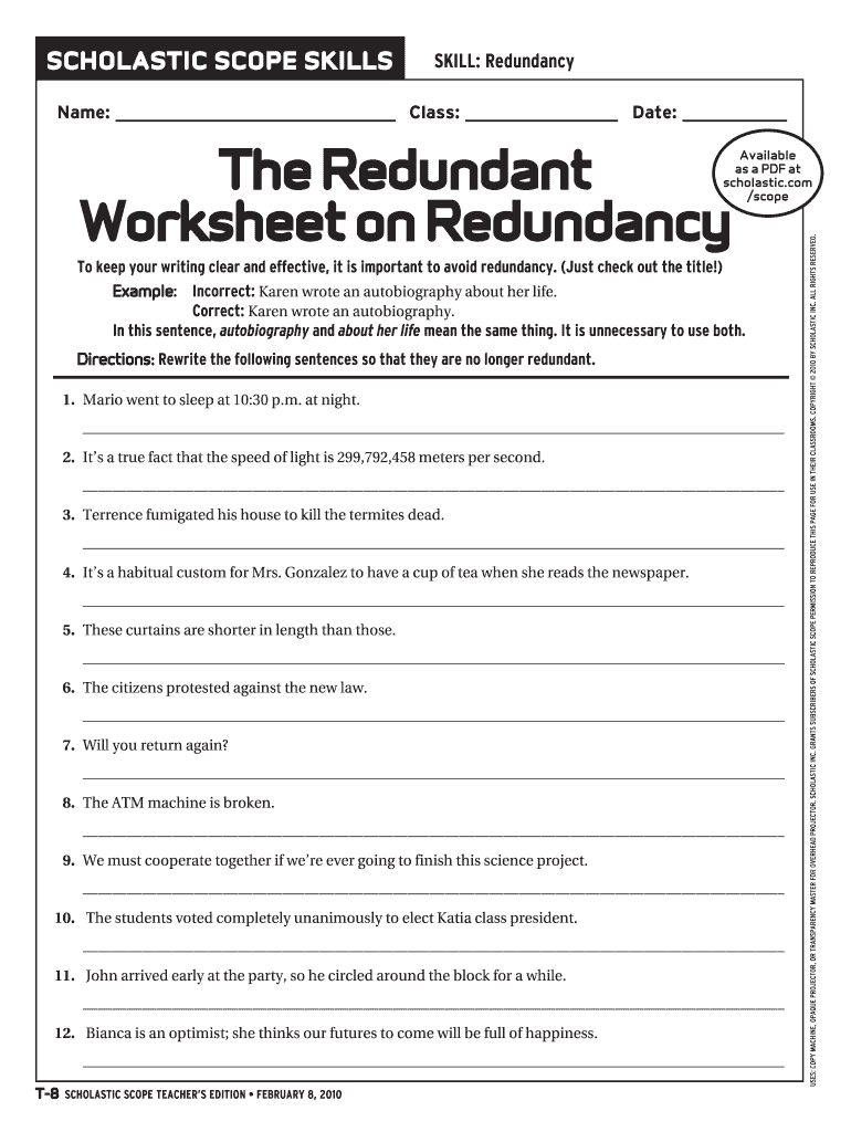 The Worksheet on Redundancy Worksheet Answer Key  Form