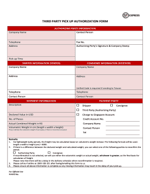 Third Party Pick Up Authorization Form SF Express