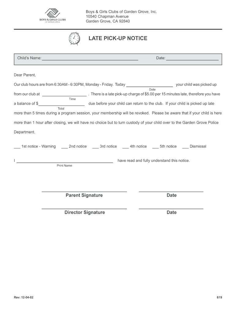Warning Letter for Late Pick Up  Form
